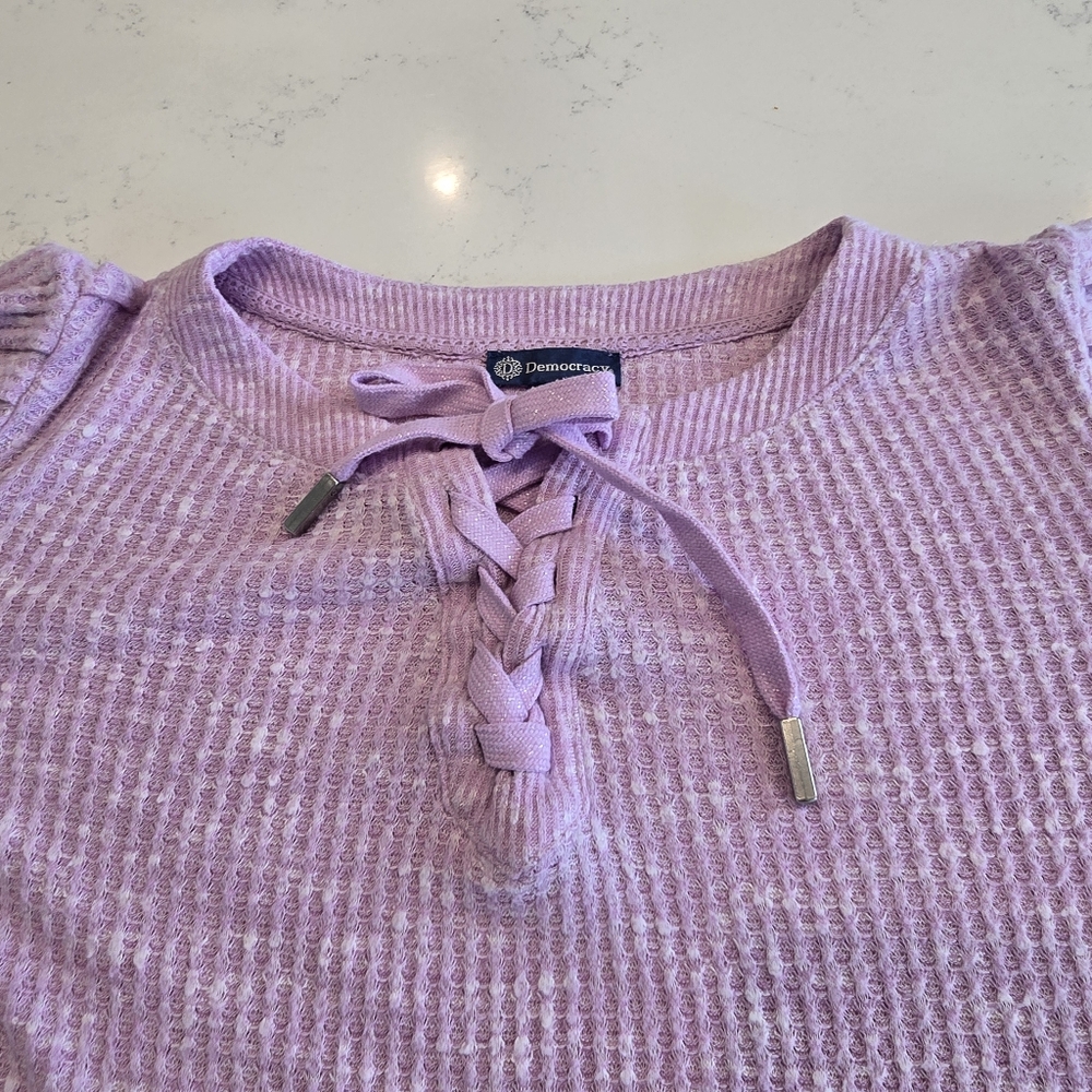 Democracy Lavender Purple Waffle Knit Pullover Sweater Top Drawstring  Womens XL - Picture 3 of 16